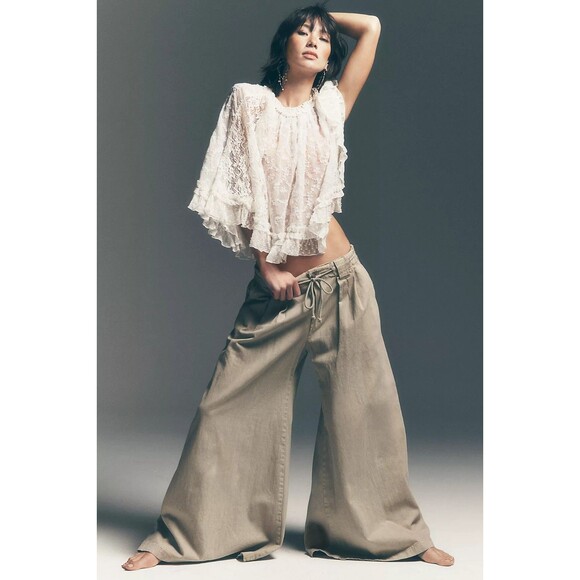 Free People Julien Wide-Leg Chino Trousers Pants Pleated Cotton XL NEW 282569 - Picture 4 of 8